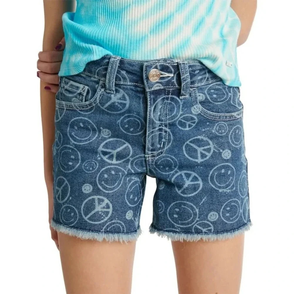 JUSTICE High Rise Midi Short Smiley Face‎ Peace Sign Girl's 20 Plus Fray Hem NEW